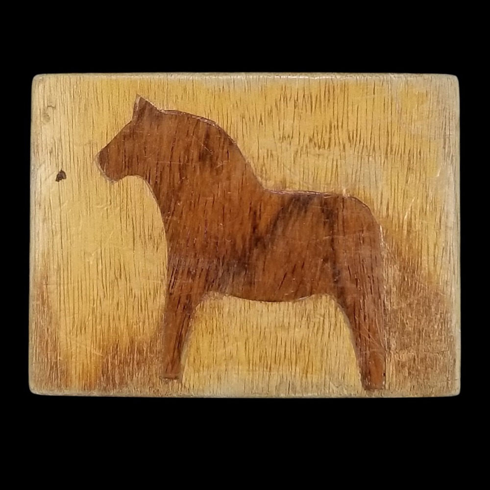 Vintage 1979 Handcrafted Wood Belt Buckle Swedish Dala Horse Catalpa Padauk Wood